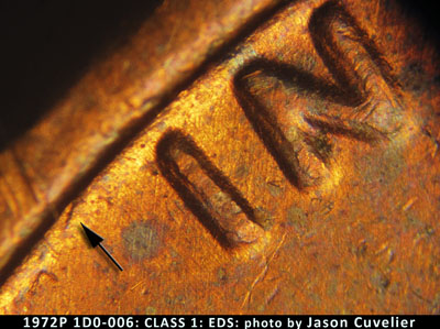 Die-stage A marker on 1972P•1DO•006 (1972 Doubled Die Obverse).
