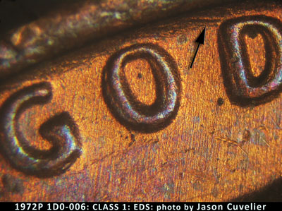 Die-stage A marker on 1972P•1DO•006 (1972 Doubled Die Obverse).