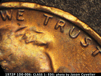 Die-stage A marker on 1972P•1DO•006 (1972 Doubled Die Obverse).