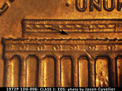 Die-stage A marker on 1972P•1DO•006 (1972 Doubled Die Obverse).