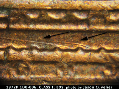 Die-stage A marker on 1972P•1DO•006 (1972 Doubled Die Obverse).