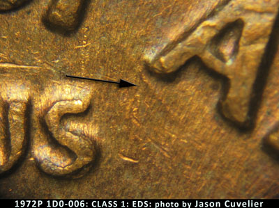 Die-stage A marker on 1972P•1DO•006 (1972 Doubled Die Obverse).