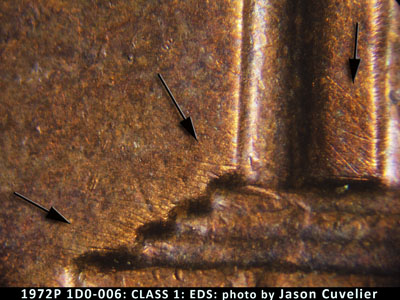 Die-stage A marker on 1972P•1DO•006 (1972 Doubled Die Obverse).