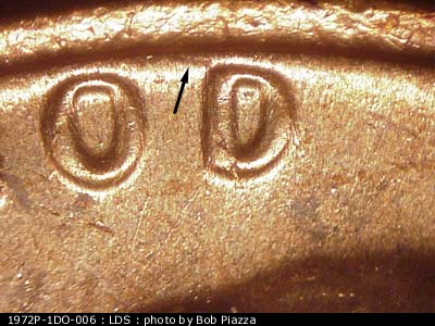 Die-stage C marker on 1972P•1DO•006 (1972 Doubled Die Obverse).