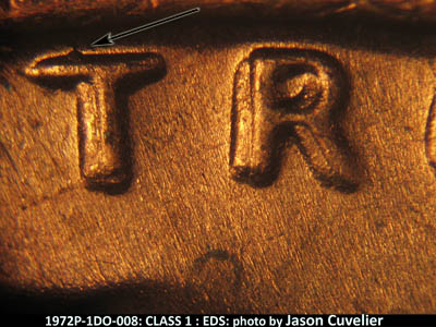 Die-stage A marker on 1972P•1DO•008 (1972 Doubled Die Obverse).