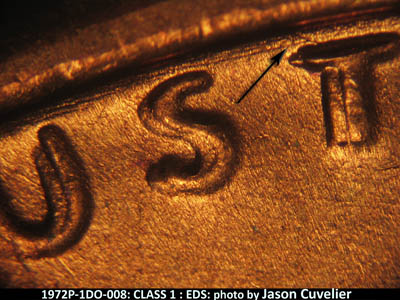 Die-stage A marker on 1972P•1DO•008 (1972 Doubled Die Obverse).