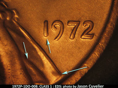 Die-stage A marker on 1972P•1DO•008 (1972 Doubled Die Obverse).