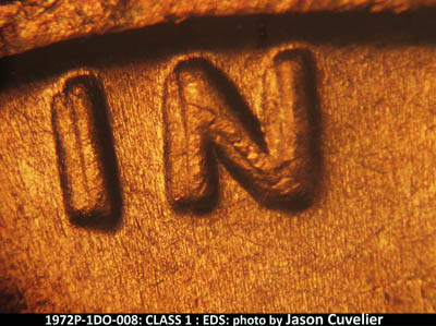 Die-stage A marker on 1972P•1DO•008 (1972 Doubled Die Obverse).