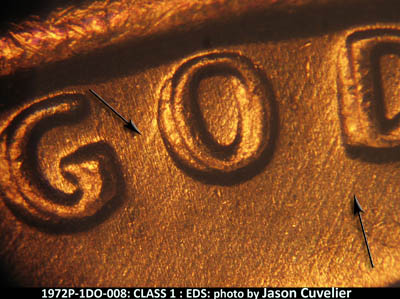 Die-stage A marker on 1972P•1DO•008 (1972 Doubled Die Obverse).