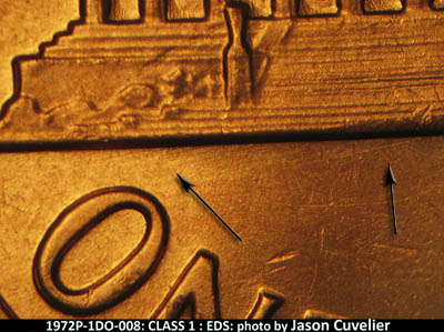 Die-stage A marker on 1972P•1DO•008 (1972 Doubled Die Obverse).