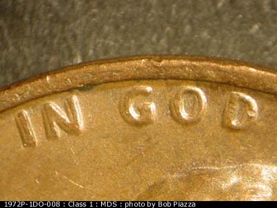 Die-stage B marker on 1972P•1DO•008 (1972 Doubled Die Obverse).