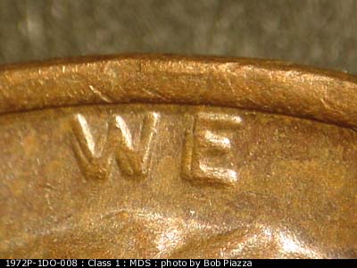 Die-stage B marker on 1972P•1DO•008 (1972 Doubled Die Obverse).