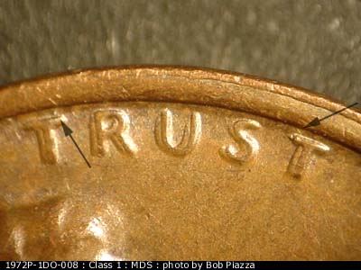 Die-stage B marker on 1972P•1DO•008 (1972 Doubled Die Obverse).
