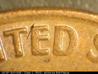 Die-stage B marker on 1972P•1DO•008 (1972 Doubled Die Obverse).