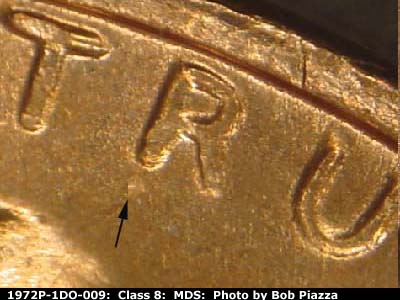 Die-stage B marker on 1972P•1DO•009 (1972 Doubled Die Obverse).