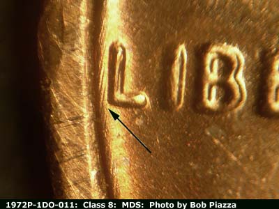 Die-stage B marker on 1972P•1DO•011 (1972 Doubled Die Obverse).