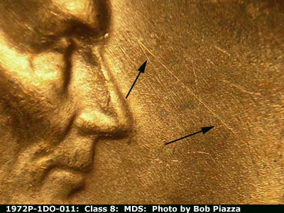 Die-stage B marker on 1972P•1DO•011 (1972 Doubled Die Obverse).