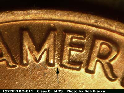 Die-stage B marker on 1972P•1DO•011 (1972 Doubled Die Obverse).