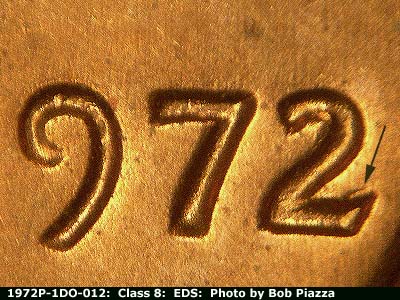 Die-stage A marker on 1972P•1DO•012 (1972 Doubled Die Obverse).