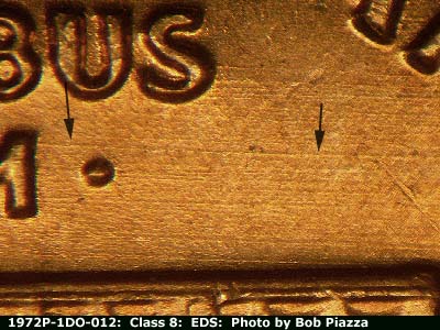 Die-stage A marker on 1972P•1DO•012 (1972 Doubled Die Obverse).