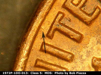 Die-stage B marker on 1972P•1DO•013 (1972 Doubled Die Obverse).