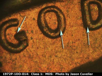 Die-stage B marker on 1972P•1DO•014 (1972 Doubled Die Obverse).