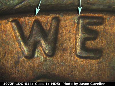 Die-stage B marker on 1972P•1DO•014 (1972 Doubled Die Obverse).