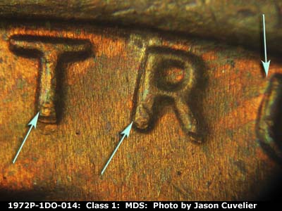 Die-stage B marker on 1972P•1DO•014 (1972 Doubled Die Obverse).