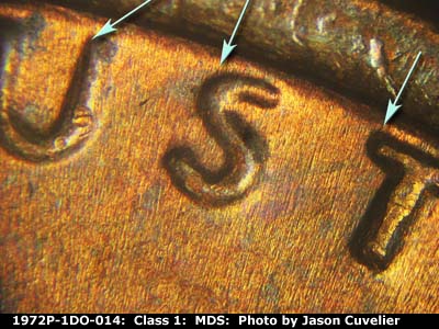 Die-stage B marker on 1972P•1DO•014 (1972 Doubled Die Obverse).