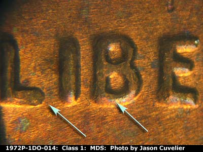 Die-stage B marker on 1972P•1DO•014 (1972 Doubled Die Obverse).
