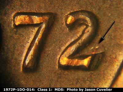 Die-stage B marker on 1972P•1DO•014 (1972 Doubled Die Obverse).