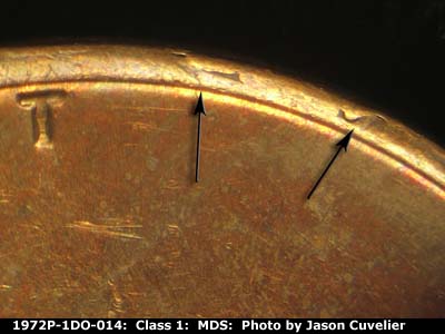 Die-stage B marker on 1972P•1DO•014 (1972 Doubled Die Obverse).
