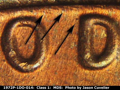 Die-stage B marker on 1972P•1DO•014 (1972 Doubled Die Obverse).