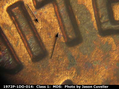 Die-stage B marker on 1972P•1DO•014 (1972 Doubled Die Obverse).