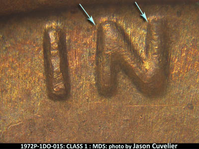 Die-stage B marker on 1972P•1DO•015 (1972 Doubled Die Obverse).