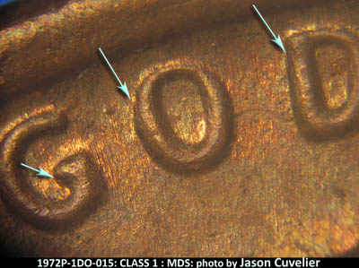 Die-stage B marker on 1972P•1DO•015 (1972 Doubled Die Obverse).