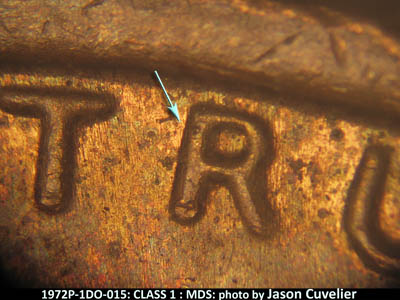 Die-stage B marker on 1972P•1DO•015 (1972 Doubled Die Obverse).