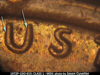 Die-stage B marker on 1972P•1DO•015 (1972 Doubled Die Obverse).
