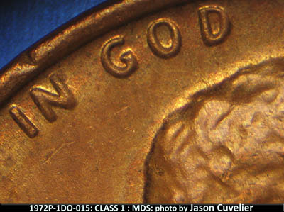Die-stage B marker on 1972P•1DO•015 (1972 Doubled Die Obverse).