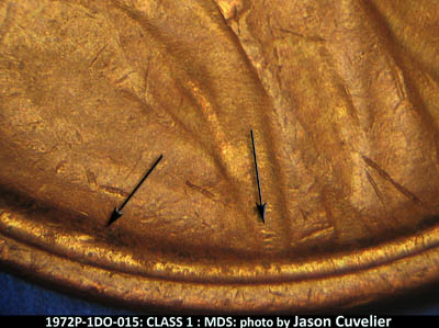 Die-stage B marker on 1972P•1DO•015 (1972 Doubled Die Obverse).