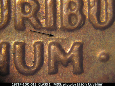 Die-stage B marker on 1972P•1DO•015 (1972 Doubled Die Obverse).