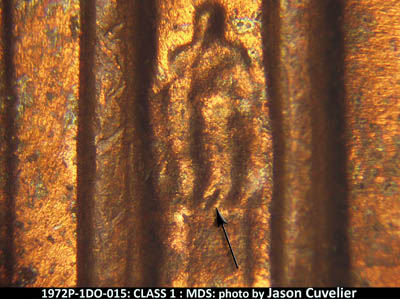 Die-stage B marker on 1972P•1DO•015 (1972 Doubled Die Obverse).