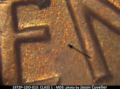 Die-stage B marker on 1972P•1DO•015 (1972 Doubled Die Obverse).
