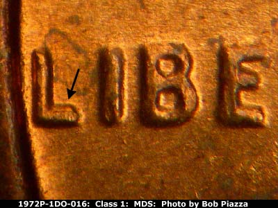 Die-stage B marker on 1972P•1DO•016 (1972 Doubled Die Obverse).