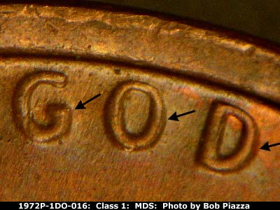 Die-stage B marker on 1972P•1DO•016 (1972 Doubled Die Obverse).