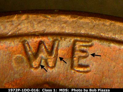 Die-stage B marker on 1972P•1DO•016 (1972 Doubled Die Obverse).