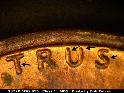 Die-stage B marker on 1972P•1DO•016 (1972 Doubled Die Obverse).