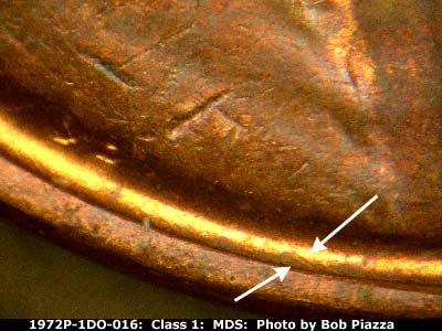 Die-stage B marker on 1972P•1DO•016 (1972 Doubled Die Obverse).