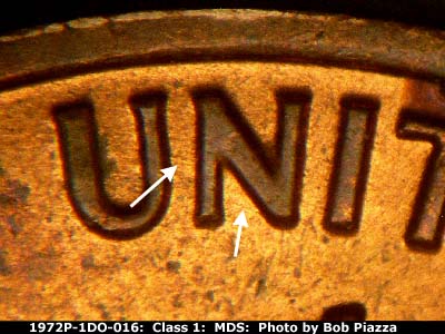 Die-stage B marker on 1972P•1DO•016 (1972 Doubled Die Obverse).