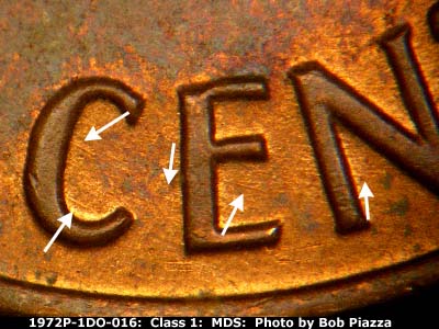 Die-stage B marker on 1972P•1DO•016 (1972 Doubled Die Obverse).